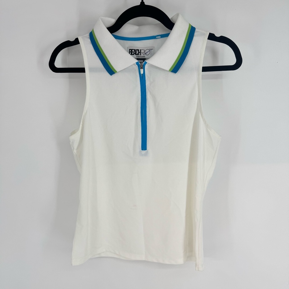 Beach Riot Athletic White Sleeveless Polo Shirt with Blue and Green Accents